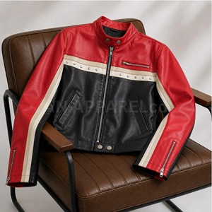 Veste Moto Femme en Cuir PU Rouge et Noir Écologique Respirante Séchage Rapide Fermeture Éclair Col Montant Manches Longues Style Hiver - Product Image 4