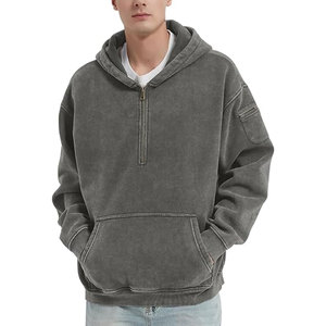 Sweat à capuche oversize délavé pour homme, coupe ample avec fermeture éclair quart de tour et poches sur les manches, style streetwear décontracté vintage - Product Image 6
