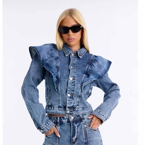 <b>Women</b> Denim <b>Jacket</b> With Ruffled Collar Full Sleeve Style Spring Wear <b>Light</b> Weight Comfortable Short Length - Product Image 5