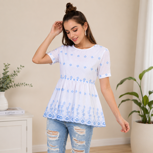 Blusa Peplum de Algodón con Estampado Floral Blanco para Mujer, Manga Corta, Cuello Redondo, Corte Holgado, Informal, para Primavera/Verano - Product Image 4
