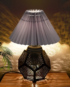 Black Turkish metal table lamp grey pleated shade hexa jaali base handcrafted bedside night light for modern home <b>decor</b> - Product Image 3
