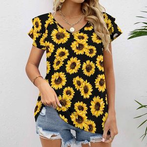 Short-Sleeved Cotton T-Shirt <b>Top</b> Ladies Slim Fit Retro <b>Sunflower</b> Print Breathable Knitted Casual Style for Summer - Product Image 1