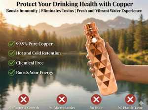 Bouteille d'eau 100% cuivre pur |   Vase ayurvédique martelé à la main |   Bouteille de voyage écologique anti-fuite, options carafe et verre - Product Image 2