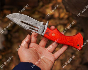 Cuchillo de caza y bushcraft de hoja fija de acero de Damasco para exteriores, mango de madera Pakka, punta de caída, funda de cuero, personalizable OEM de fábrica - Product Image 4