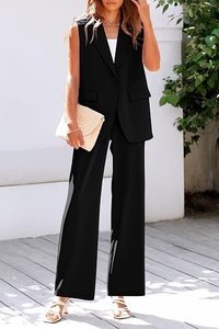 Women Sleeveless <b>Blazer</b> <b>Set</b> Solid Color Woven Fabric Notched Collar Button Front Regular Fit All Seasons Formal Two Piece Suit - Product Image 4