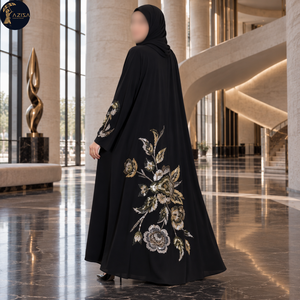 Opulento Vestido Abaya Botánico para Mujer con Mangas Largas y Corte Fluido |   Ropa Musulmana con Bordado Floral Metálico y Detalle en la Espalda - Product Image 4