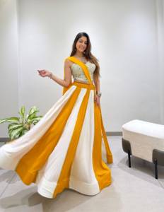 <b>Women</b> Indian Pakistani Silk <b>Lehenga</b> Set Yellow White Floor Length Traditional Wedding Dress Loose Fit Stretchable - Product Image 2