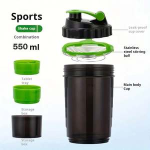 Bouteille de sport en plastique durable de 500 ml, gobelet mélangeur portable 3 en 1 avec boîte à poudre et boîte à pilules pour la salle de sport - Product Image 3