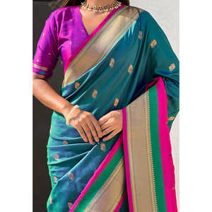 Sari de Seda Paithani Verde Elite Weaves con Borde de Satén Muniya, Ropa India y Pakistaní - Product Image 4