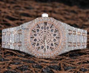 Montre de luxe automatique entièrement sertie de moissanite pour homme, mouvement à quartz, cadran large en or jaune, verre saphir, chronographe, étanche - Product Image 5