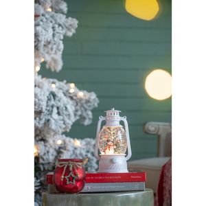 Lanterna Natalizia Bianca 12x12x21 cm con Pupazzo di Neve e Albero, LED/Neve Rotante, Timer 6 Ore, Richiede 3 Batterie AA, Decorazioni in Resina - Product Image 2