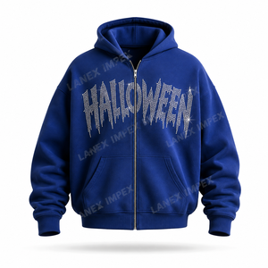 Sweat-shirt à capuche bleu pour homme avec logo personnalisé, fermeture éclair intégrale, coupe oversize, épais, avec design en strass sur le devant, style hip-hop streetwear. - Product Image 2