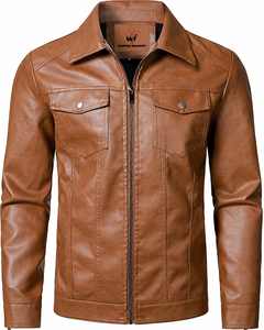 Veste en cuir marron vintage pour homme avec fermeture éclair sur le devant, col chemise, poches à rabat boutonnées et coupe décontractée classique - Product Image 4