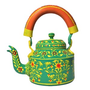 Tetera de Aluminio Pintada a Mano en Verde Esmeralda, Mural Floral de Jaipur, Arte Tradicional Indio, Artesanía Coleccionable Decorativa - Product Image 5