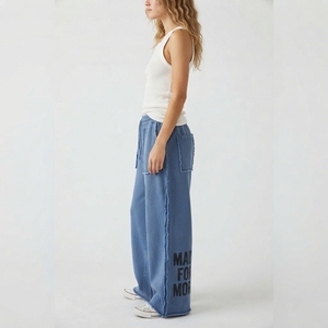 Pantalones anchos de mujer con dobladillo desgastado, cintura alta, ajuste holgado, largo completo, con cordón en la cintura, estampado, estilo urbano para mujer - Product Image 3