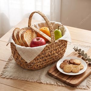 Handmade Water Hyacinth <b>Basket</b> Overhead Handle Eco-Friendly Foldable Rustic Style Floral Open <b>Weave</b> Storage <b>Basket</b> Storage - Product Image 2