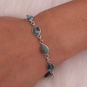 7x9mm Magnesita natural Turquesa Pera Cabujón Bisel Ajuste Bohemio 925 Pulsera de cadena de eslabones de plata esterlina Ideal para fiestas - Product Image 6