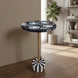 <b>Round</b> <b>Black</b> Wood <b>Side</b> <b>Table</b> with Floral Bone Inlay Top Brass Metal Pedestal and Decorative Base Modern Accent Furniture - Product Image 2