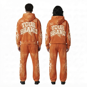 Ensemble sweat à capuche et pantalon de survêtement pour homme, personnalisé, en coton 100% épais, jaune foncé délavé vintage, avec imprimé graphique, style streetwear - Product Image 2