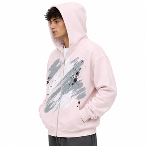 Sweat à capuche zippé pour homme, rose clair, coupe oversize, en molleton de coton, avec poche kangourou, motif graphique abstrait, décontracté, automne-hiver, marque privée OEM - Product Image 2