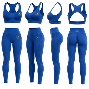 Blue Seamless Women Yoga Set Scrunch Butt Leggings Racerback Sports Bra Gym Activewear Set - Product Image 3