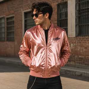 Custom <b>Men's</b> Rose Gold Satin Winter Bomber <b>Jacket</b> Front Embroidered Logo Streetwear Stand Collar <b>Pullover</b> Closure Customizable - Product Image 1