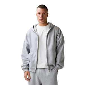 Men's Gray Hooded Zip-Up <b>Tracksuit</b> Set Full Length Loose Fit Cotton Sweatshirt Pants Casual Autumn Wear Solid Color Side Pockets - Product Image 3