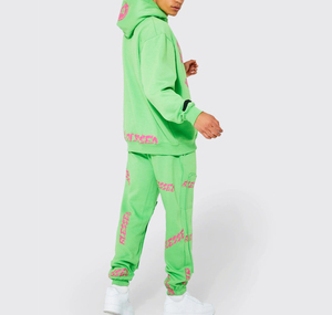 Men Green Hooded <b>Tracksuit</b> Full Length <b>Pink</b> Skull Print Streetwear Style Sweatshirt and Sweatpants <b>Set</b> with Side Pockets - Product Image 2
