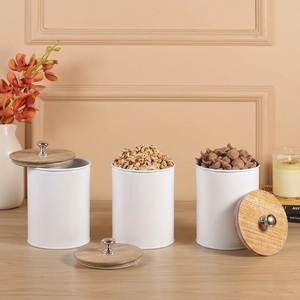 Modern Cream Metal Kitchen Canister <b>Set</b> With Airtight Bamboo Lids 3-Piece Food Storage Jar <b>Set</b> For <b>Coffee</b> <b>Tea</b> <b>Sugar</b> & Pantry - Product Image 4