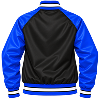 Blouson Bomber Noir Zeta Phi Beta pour Femme avec Doublure Imprimée, Manches en Satin Bleu Royal, Patch Écusson Chenille Lettres Grecques, Fermeture à Boutons-Pression