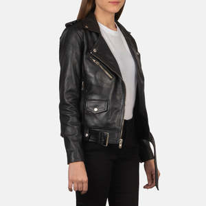 Blouson de motard en cuir noir Alison Flashback avec fermeture éclair, col ouvert, couleur unie, coupe-vent d'automne en polyester tricoté - Product Image 5