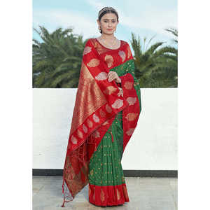 Elite Weaves Hippie Green Soft Silk Saree with Zari Woven Contrast <b>Indian</b> & <b>Pakistani</b> <b>Clothing</b> - Product Image 3