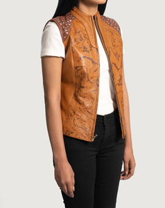 Gilet moto en cuir véritable pour femme avec détails rivetés aux épaules, col montant, fermeture éclair, couleur unie, style motard - Product Image 4