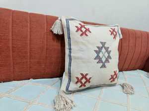Hand-Embroidered Tribal Geometric Pattern Decorative <b>Cushion</b> <b>Cover</b> with Tassels - Product Image 3
