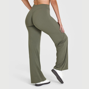High Waist Solid Color Seamless Full Length Yoga Pants Women Olive Green Stretchy <b>Flared</b> <b>Leggings</b> Soft Spandex/Polyester - Product Image 2
