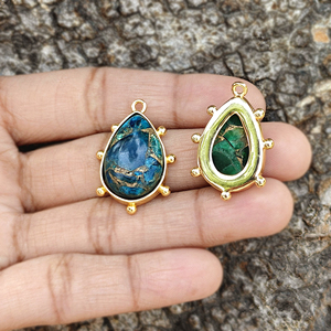 18K Gold Plated Solid Brass Apatite Jade Mohave Turquoise Pendant Connector Handmade Emerald Pear Cabochon Jewelry Link Supplies - Product Image 5