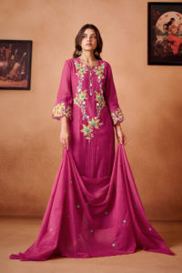 Ensemble kurta en soie rose fuchsia brodé avec dupatta, tenue traditionnelle indienne et pakistanaise pour femmes, vêtements de mariage - Product Image 1