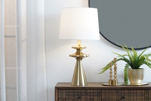 Lampe de table moderne simple en métal doré en forme de cône avec base E26, type C, AC, taille moyenne, lampe décorative pour salon, bureau - Product Image 5