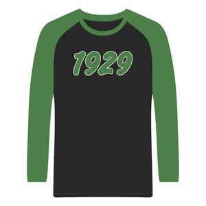 Chemise à manches longues raglan noire de la sororité Iota Phi Lambda, année de fondation 1929, manches vert émeraude, vêtements à lettres grecques, haut pour femme - Product Image 1