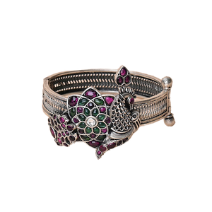 Exclusive Hot Deal on Genuine Quality Gorgeous Peacock Design Oxidised Silver Multi Color Stone Studded Women's Bangles - Product Image 1