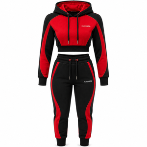 Women's Workout 100% Cotton Streetwear Long Sleeve Zip-Up Crop <b>Top</b> Hoodie Pants Breathable Winter Windproof Casual Tracksuit - Product Image 2