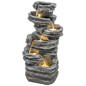 Fontaine de jardin moderne en résine avec éclairage LED, 40 pouces de haut, cascade à 6 niveaux pour villas et jardins, couleur grise - Product Image 1