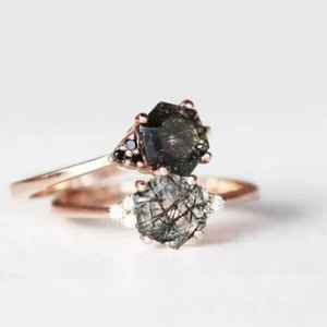 Natural Black Rutilated Quartz Hexagon Ring 925 Sterling Silver 14k <b>Gold</b> Plated Wedding Anniversary Ring - Product Image 5