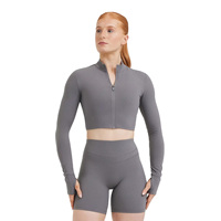 Haut court gris à manches longues pour femme, demi-zip, couleur unie, respirant, pour le fitness, coupe régulière, toutes saisons
