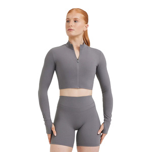 Women's Gray Long Sleeve Crop <b>Top</b> Half-Zip Solid Color Breathable Fitness Shirt Regular Fit Full Sleeve All Seasons - Product Image 1