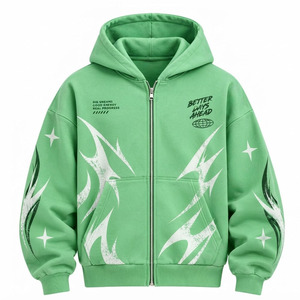 Sudadera con capucha verde para hombre, con cremallera, estampado de llamas, estilo casual, transpirable, 100% algodón, corte regular, estilo invierno - Product Image 1