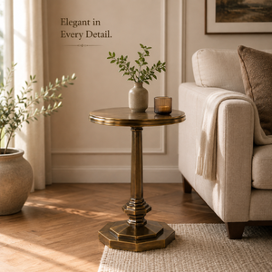 Modern <b>Round</b> Pedestal <b>Side</b> <b>Table</b> with Antique Brass Finish | Elegant Metal Accent End <b>Table</b> with Decorative Column Base for Home - Product Image 5