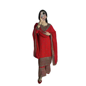 DESIGNER CHINON <b>SILK</b> EMBROIDERY SEQUENCE WORK TOP PALAZZO WITH DUPATTA <b>RED</b> - Product Image 1