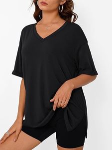 Camiseta Holgada con Cuello en V, Tela Elástica Transpirable, Túnica para Entrenamiento, Gimnasio, Uso Casual y en Casa - Product Image 3