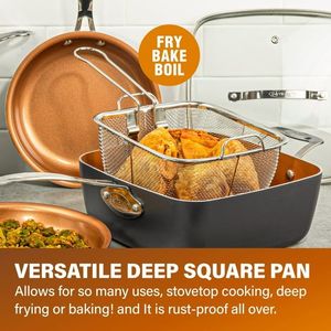 Set di pentole per pentole da Chef 6 Qt in rame antiaderente XL 6 quarti quadrato in casseruola per friggere cestello a vapore lavabile in lavastoviglie-4 - Product Image 4